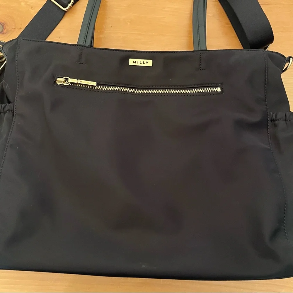MILLY Luxe Diaper Bag Black Nylon w/ Leather Trim with Changing Pad - MSRP $350